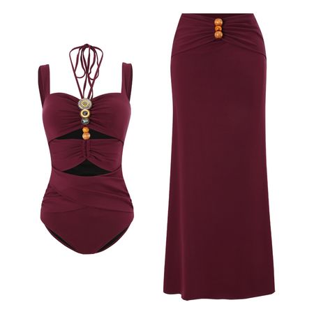 Sexy Bikini Swimwear Set 2025 Wine Red Bohemian Bead Hollow One-piece Swimsuit Dress Female Monokini Swimming Skirt Bodysuit